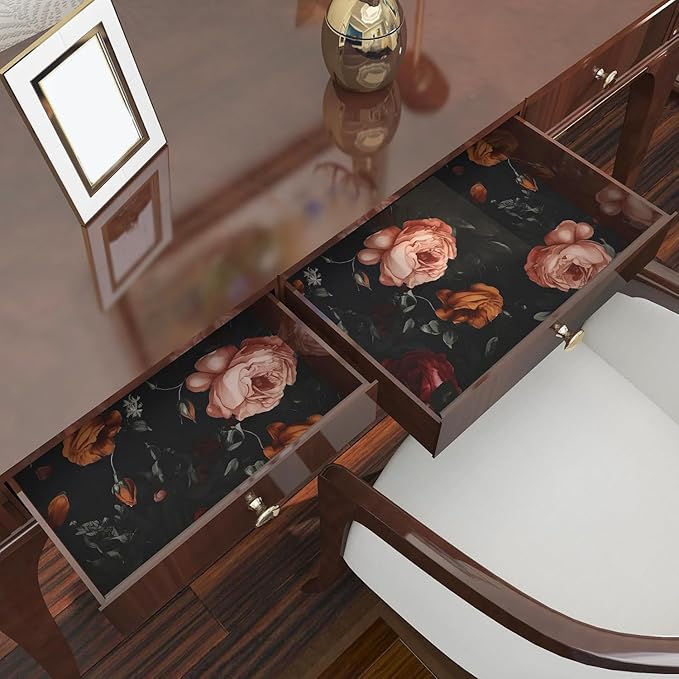 Dark Floral Wallpaper Peel and Stick, Black Vintage Orange/Pink Rose Contact Paper 17.5 x 393.7in, Waterproof Self Adhesive Flower Retro Boho Wall Paper for Bedroom Walls Cabinet Shelf Table Drawer