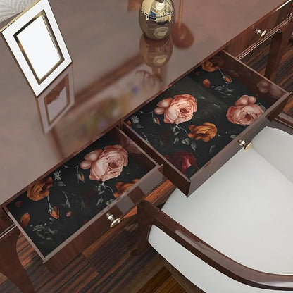 Dark Floral Wallpaper Peel and Stick, Black Vintage Orange/Pink Rose Contact Paper 17.5 x 393.7in, Waterproof Self Adhesive Flower Retro Boho Wall Paper for Bedroom Walls Cabinet Shelf Table Drawer