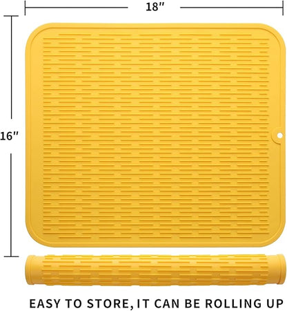 MicoYang Silicone Dish Drying Mat for Multiple Usage,Easy clean,Eco-friendly,Heat-resistant Silicone Mat for Kitchen Counter or Sink,Refrigerator or Drawer Liner Yellow XL 18 inches x 16 inches