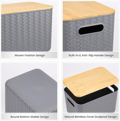 4 Packs Storage Bins with Bamboo Lids - Plastic Storage Containers with Lids Stackable Storage Box：Storage Baskets for Organizing Desktop Closet Playroom Classroom Office,Gray
