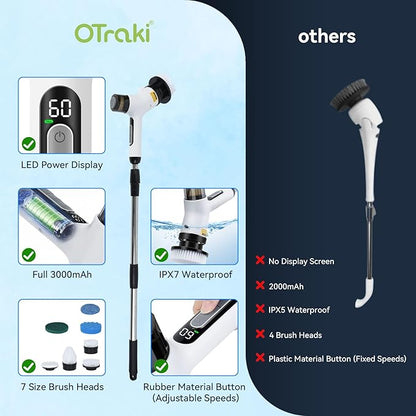 11 in 1 Electric Spin Scrubber Cordless Shower Scrubber with 2 Adjustable Speeds Spray Shower LED Display Shower Cleaner Brush with Long Handle for Bathroom Floor Tub Tile Toilet IPX7 Waterproof