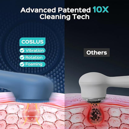COSLUS FBS03 Face Scrubber Facial Cleansing Brush: 2 in 1 Spin and Vibration Patented, Silicone Electric Exfoliator Scrubber with Automatic Foaming, Waterproof Face Cleanser Brush for Men and Women