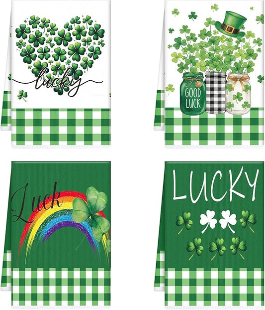 St. Patrick's Days Kitchen Towels Set of 4, Lucky Shamrock Dish Towels Gifts for Cooking Cleaning, Spring Hand Towels with Hanging Loop for Kitchen Bathroom Home Decor