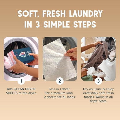 QLEAN Dryer Sheets | Natural Fabric Softener & Removes Static Cling | Vegan Laundry Softener | Soft, Fresh Laundry, Perfect for Clothes and Beddings, Unscented - 120 Loads