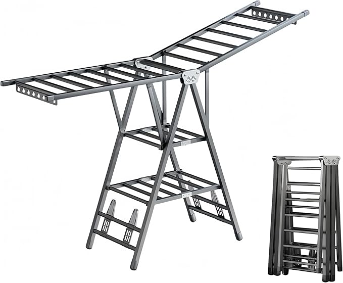 71" Clothes Drying Rack Foldable, Clothes Airer Drying Rack with Wheels, Heavy Duty Metal Laundry Dryer, Extra-Thick Free-Standing Design Indoor Outdoor Use