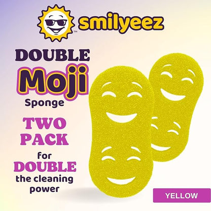Smilyeez Double-Size Scrub Moji Sponge 2-Pack – Dual Smiling Faces, Temperature-Responsive Scrubber – Scratch-Free, Odor & Stain Resistant – Yellow