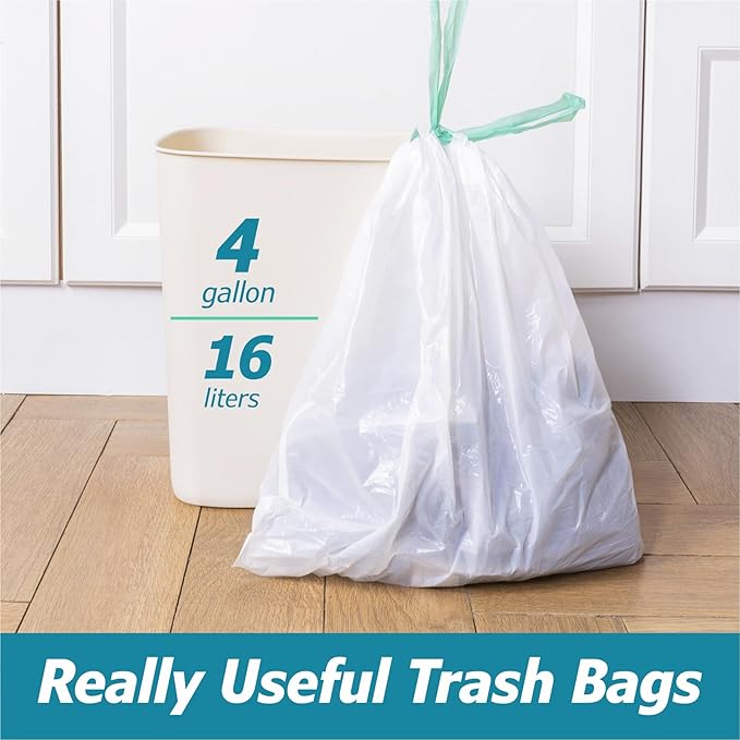 4 Gallon Drawstring Trash Bags - 0.5 Mil Strong - Small Garbage Bags - for Office Bathroom Kitchen - Individual, Unscented, White, 19" x 19", 60 Count