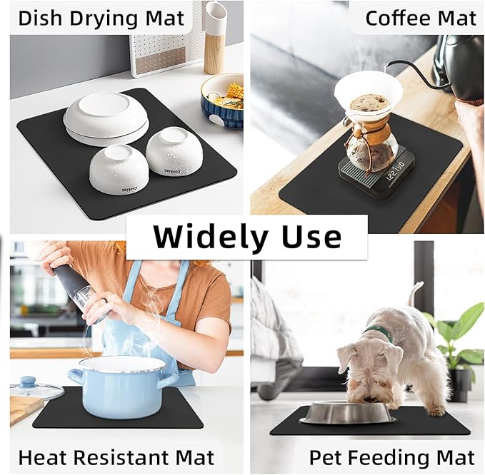 LOPNUR Kitchen Dish Drying Mat, 18"x16" Small Dish Drying Mats for Kitchen Counter, Super Absorbent Dish Drying Pad, Diatomite Coffee Mat Heat Resistant Mat with Anti-slip Rubber Backed, Black
