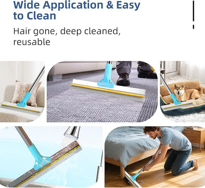 Carpet Rake for Pet Hair Removal - 54" Adjustable 2 in 1 Carpet Broom with Copper Rake Scraper & TPU Brush, Reusable Cat Dog Hair Remover Tool for Deep Cleaning Carpets, Rugs, Mats, and Stairs (Blue)