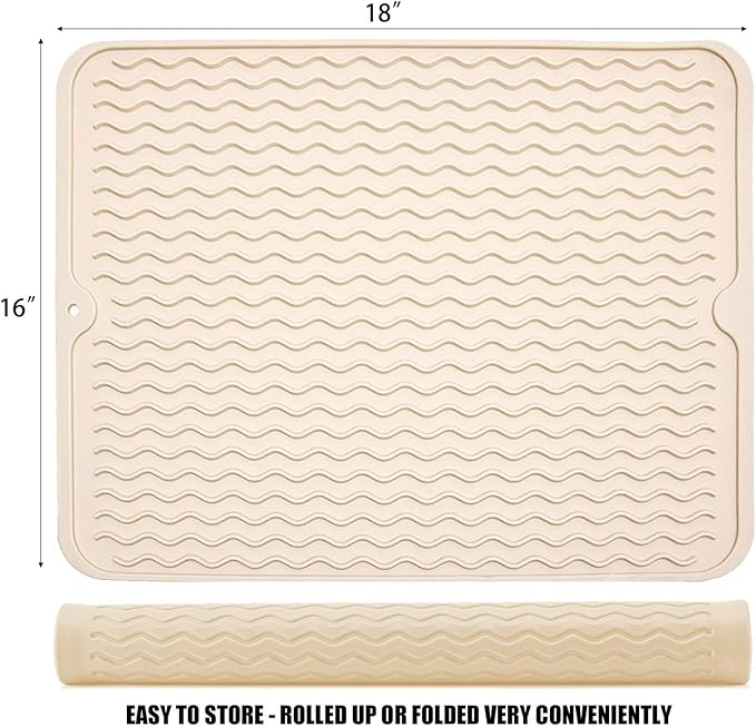 Silicone Dish Drying Mat for Multiple Usage, Easy clean, Eco-friendly, Heat-resistant Dish Drainer Mat for Kitchen Counter,Sink,Refrigerator or Drawer liner (18" x 16", BEIGE)
