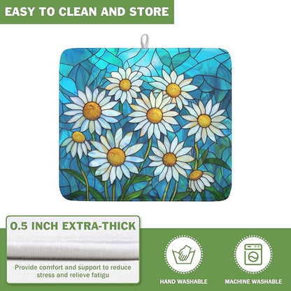 Daisy Drying Mat 18x16 Inch, Summer Spring Drying Mat with Absorbent Reversible Microfiber, Rustic Flowers Dish Drainer Mats Floral Rack Pad for Coffee Countertop Kitchen Protector