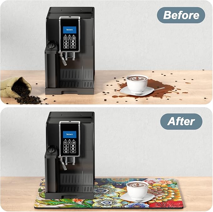 Rnivvi Coffee Mat, 16" x 24" Cute Flower Theme Coffee Bar Mats for Espresso Machine Station Accessories and Organizer, Hide Stain Rubber Backed Absorbent Dish Drying Pad for Kitchen Counter, Mandala