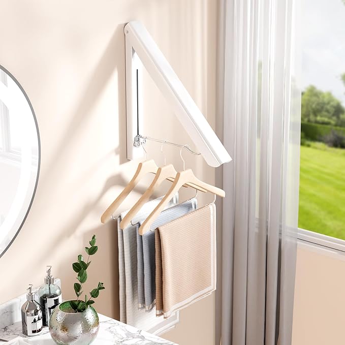 BAKON 2 Pack Clothes Drying Rack Foldable Collapsible, Folding Laundry Rack Wall Mounted Retractable Clothes Hanger for Laundry Room, Indoor & Outdoor Use, Easy Installation, Aluminum (White)