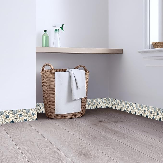 Blue Floral Wallpaper Border 196x4 Inch Peel and Stick Removable Vinyl Wall Border Elegant Blue and Beige Flower Wall Trim for Kitchen Bathroom Bedroom Living Room Home Decor