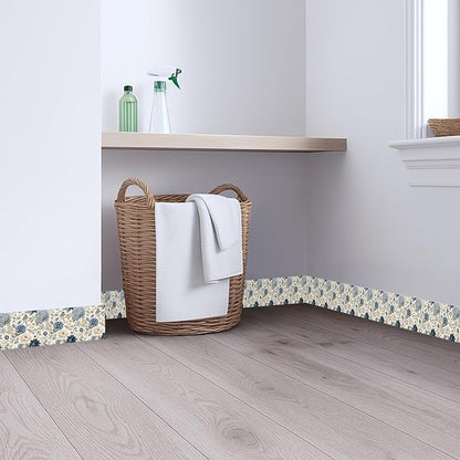 Blue Floral Wallpaper Border 196x4 Inch Peel and Stick Removable Vinyl Wall Border Elegant Blue and Beige Flower Wall Trim for Kitchen Bathroom Bedroom Living Room Home Decor