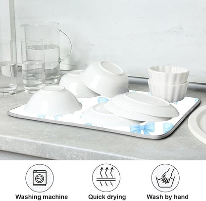 Blue Bow Ribbon Dish Drying Mat for Kitchen Countertop 18x24 Bowknot White Coquette Pattern Large Drying Mat Reusable Quick Dry Dish Sink Mats Easy Clean Decorative Essentials