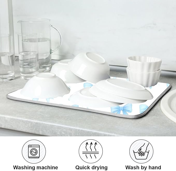 Blue Bow Ribbon Dish Drying Mat for Kitchen Countertop 16x18 Bowknot White Coquette Pattern Small Drying Mat Reusable Quick Dry Dish Sink Mats Easy Clean Decorative Essentials