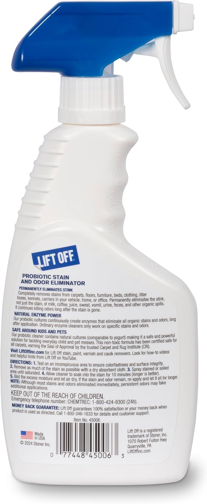 Lift Off 45006 Probiotic Stain and Odor Eliminator Spray – Powerful Natural Enzyme Carpet Cleaner and Pet Odor Eliminator for Urine, Upholstery, and Hard Floors, Safe Around Kids and Pets – 16 Fl Oz