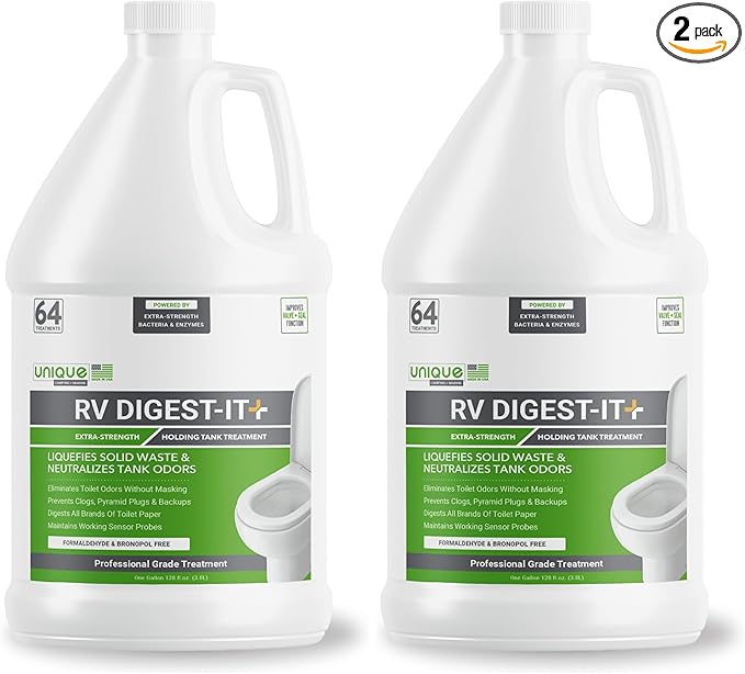 Unique RV Digest-It+, Extra-Strength RV Toilet Treatment - Liquifies Waste and All Brands of Toilet Paper - Odor Eliminator (128 oz) (Pack of 2)