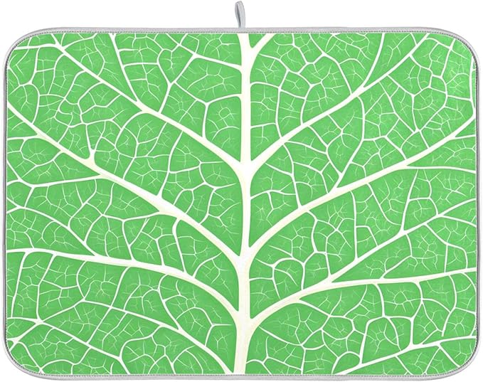 Green Leaf Veins Dish Drying Mat for Kitchen Counter Absorbent Microfiber Drying Pad, Medium 16x18 in