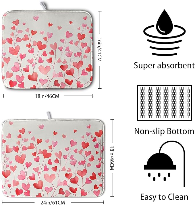 Valentines Pink Love Heart Dish Drying Mat Valentine Day Absorbent Microfiber Dish Drying Pad Heat Resistant Kitchen Counter Draining Mat Extra Large Dish Drainer Rack Mats 18x24 Inch