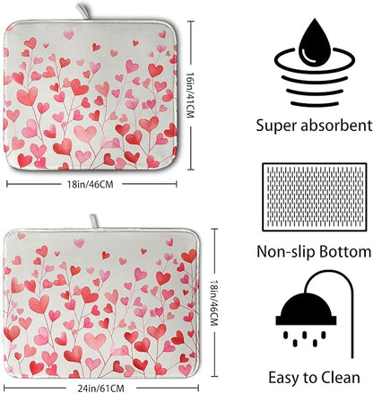 Valentines Pink Love Heart Dish Drying Mat Valentine Day Absorbent Microfiber Dish Drying Pad Heat Resistant Kitchen Counter Draining Mat Extra Large Dish Drainer Rack Mats 18x24 Inch