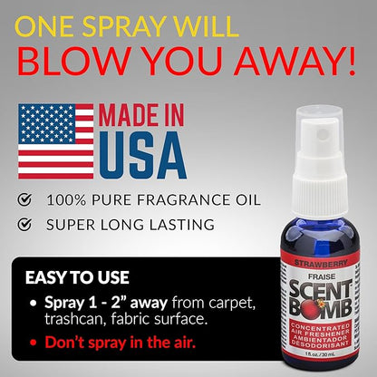 Scent Bomb Air Freshener Spray, Long-Lasting Odor Eliminator - Effective Deodorizer for Home & Car, Fresh Room Spray for Kitchen, Bathroom & Smell Neutralizer - 1 oz Pack of 4, Strawberry Scent