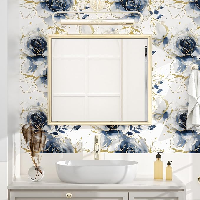 White Floral Wallpaper Peel and Stick Watercolor Blue/Golden Flower Contact Paper Modern Wall Paper Waterproof Self-Adhesive Wall Covering for Bedroom Countertop Desk Cabinets Decor 17.4" x 118"