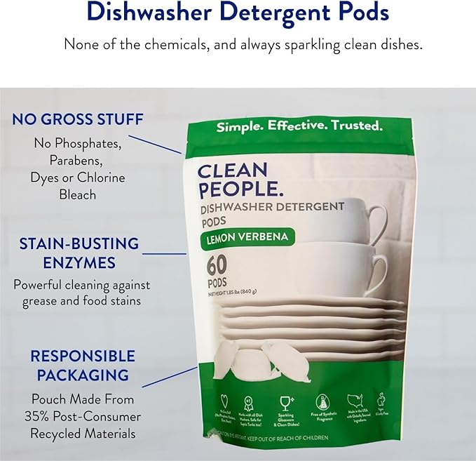 The Clean People Dishwasher Pods - Cuts Grease & Rinses Sparkling Clean - Residue-Free - Phosphate Free Dishwashing Pods - Lemon, 30 Pack