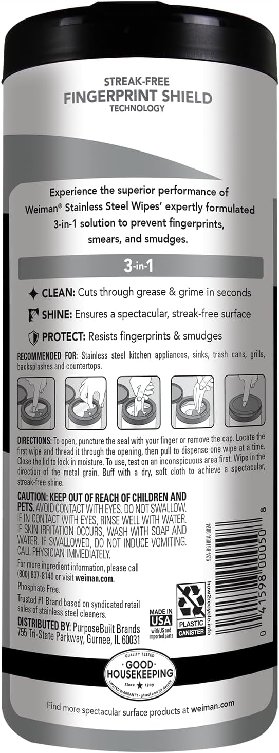 Weiman Stainless Steel Cleaner & Polish Kit, 2 Wipes & Cloth, Anti-Fingerprint, Removes Grease, Water Spots, Streaks & Residue, Polishing Cleaner Safe for Appliances, Chrome, Sinks & Grill Exteriors