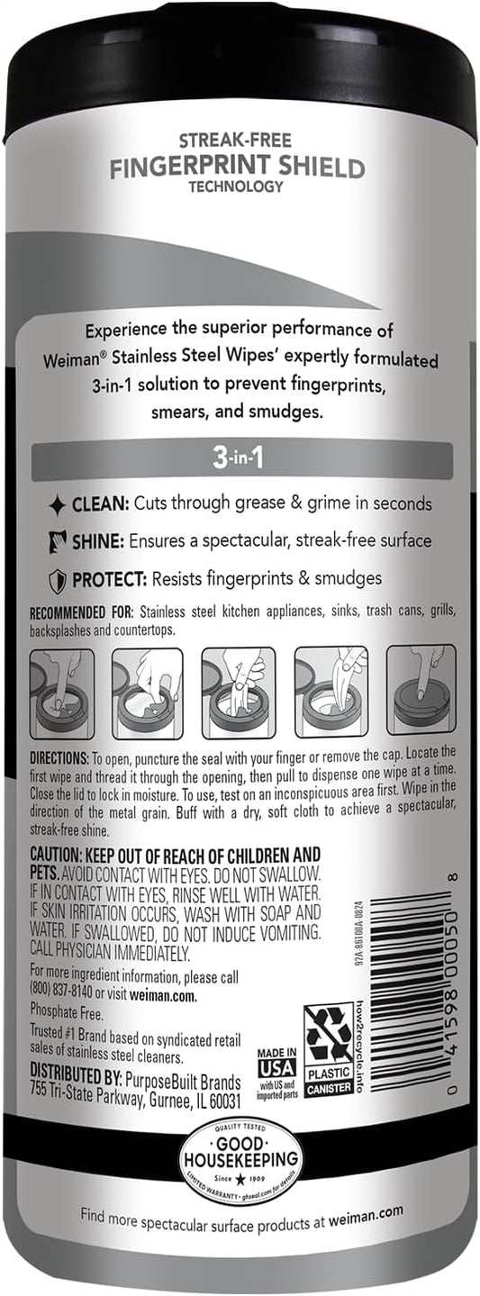 Weiman Stainless Steel Cleaner & Polish Kit, 2 Wipes & Cloth, Anti-Fingerprint, Removes Grease, Water Spots, Streaks & Residue, Polishing Cleaner Safe for Appliances, Chrome, Sinks & Grill Exteriors