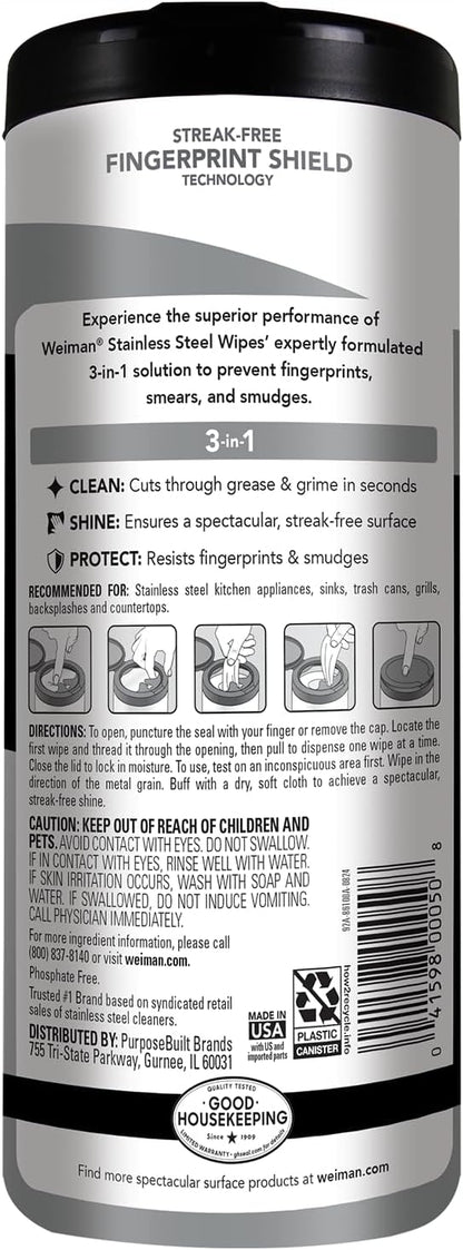 Weiman Stainless Steel Cleaner & Polish Kit, 1 Wipes & Cloth, Anti-Fingerprint, Removes Grease, Water Spots, Streaks & Residue, Polishing Cleaner Safe for Appliances, Chrome, Sinks & Grill Exteriors
