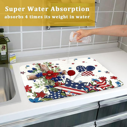 Star Floral Patriotic 4th of July Dish Drying Pad 18 x 24 Inch With Absorbent Reversible Microfiber Memorial Day Drying Mats Dish Drainer Mat Fast Dry For Kitchen Dining Room Decoration