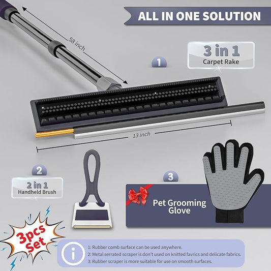 Carpet Rake for Pet Hair Removal - Reusable Dog & Cat Hair Remover with 58" Reinforced Steel Handle, 3-in-1 Professional Modular Rug Rake & Scraper Tool for Shag Rugs, Couch, Stairs (Gray)
