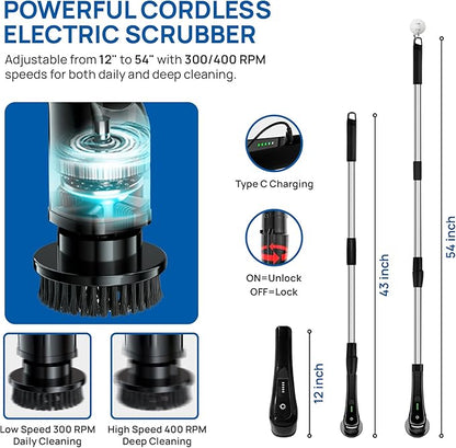 2025 Upgraded Electric Spin Scrubber – Shower Scrubber with Long Handle, Cordless Electric Cleaning Brush, 400 RPM Dual-Speed, IPX5 Waterproof, 90-Min Runtime, 8 Brush Heads for Powerful Cleaning