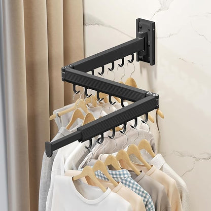 Wall Mounted Clothes Drying Rack, Collapsible Laundry Drying Rack, Retractable Foldable Drying Rack Clothing for Hanging Clothes,Black-Hooks