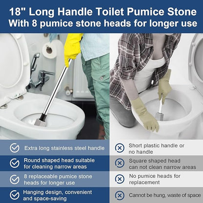 Pumice Stone Toilet Bowl Cleaner, 8 PCs Pumice Stone with 1 Extra Long Handle, 18” Hard Water Toilet Ring Remover, Pumice Stones for Cleaning Toilet, Bath, Kitchen, Pool, Sink