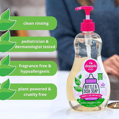 Dapple Baby Bottle Soap, Hypoallergenic Dish Soap for Baby Bottles, Powered by Plants, Lavender, 16.9 Fl Oz (Pack of 3)