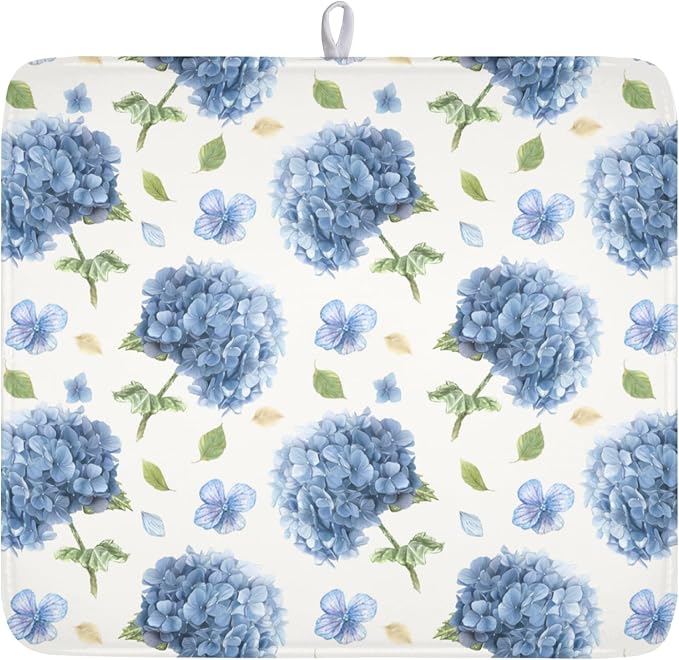 Spring Summer Hydrangea Dish Drying Mat for Kitchen Counter 16 x 18 Inch Blue Floral Dish Drainer Mat Absorbent Microfiber Dish Rack Pad for Holiday Coffee Dining Bar Decor