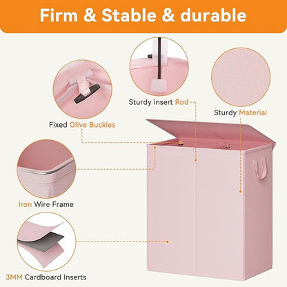 Chrislley 140L Laundry Hamper 2 Section, Double Laundry Basket with Lid, Large Dirty Clothes Hamper with Removable Liner Bags, Collapsible Laundry Organizer for Bedroom, Dorm,Pink