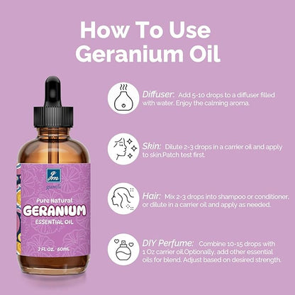 GM Gumili Geranium Essential Oil 2 Oz, Pure Geranium Oil for Skin, Hair, Diffuser, DIY Projects