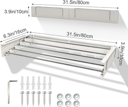 Wall Mounted Drying Rack, Clothes Drying Rack Foldable, 31.5" Laundry Racks for Drying Clothes Collapsible Drying Racks for Laundry with 2 Towel Handles and Wall Template for Indoor Outdoor
