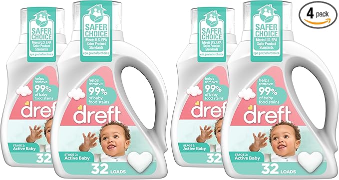 Dreft Active Baby Liquid Laundry Detergent,Helps Remove 99% of Baby Food Stains,Hypoallergenic,32 loads each,(Pack of 4)