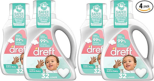 Dreft Active Baby Liquid Laundry Detergent,Helps Remove 99% of Baby Food Stains,Hypoallergenic,32 loads each,(Pack of 4)