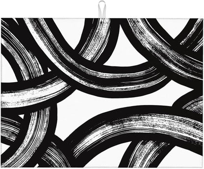 Black and White Abstract Curved Dish Drying Mats, 18" x 24" Absorbent Microfiber Modern Drying Pad for Kitchen Counter, Washable Reversible Foldable for Dishes, Sink, Utensils, Home Decor, Black