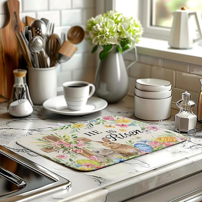 Easter He Is Risen Bunny Dish Drying Mat for Kitchen Counter Spring Easter Cross Floral Eggs Drying Pad 16x18 In Microfiber Absorbent Holiday Dishes Drainer for Kitchen Counter Tableware