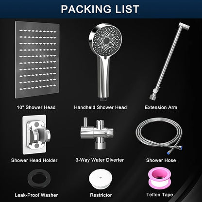 Shower Head, Rain Shower Head with Handheld Spray Combo, 10 Inch Adjustable High Pressure Rainfall Shower Head, Dual Showerhead Set with Extension Arm and 60 Inch Long Shower Hose (Silver)