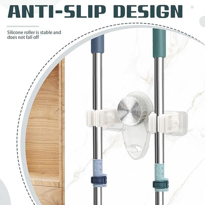 Self Adhesive Broom Holder Wall Mount, No Punching Heavy Duty Broom and Mop Organizer, Non-slip Mop Hanger with 2 Slots & 1 Hook for Bathroom Kitchen Laundry Room (Clear)