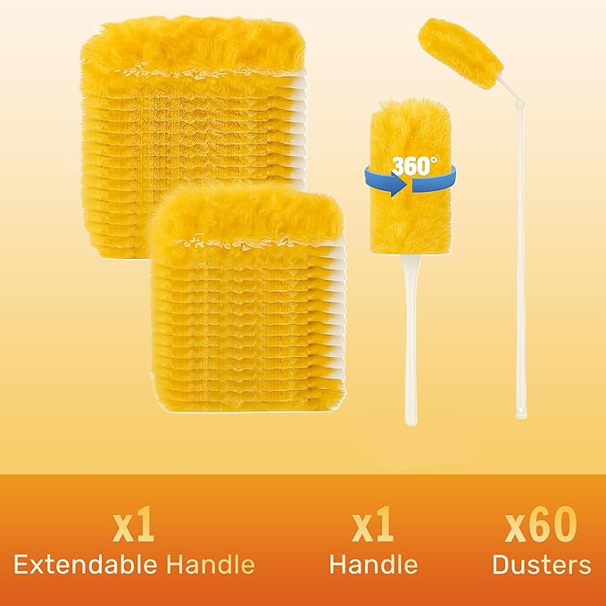 60 Pack Heavy Duty Duster Refills with Extendable 3FT Handle, Multi Surface 360 Disposable Dusters Kit for Cleaning Furniture, Blinds, Ceiling Fan & Electronics