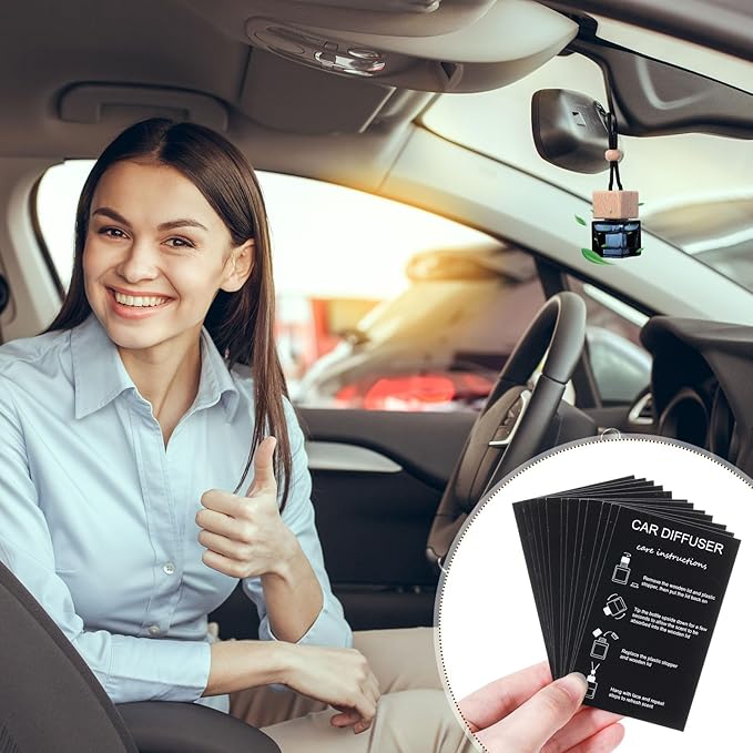 DaisyInner 150 Sets Car Diffuser Bottles Empty Bulk Hanging Car Air Freshener Diffuser Bottles Bulk Glass Perfume Holder with Instruction Cards for Essential Oil Fragrance Pendant(Square,Black)
